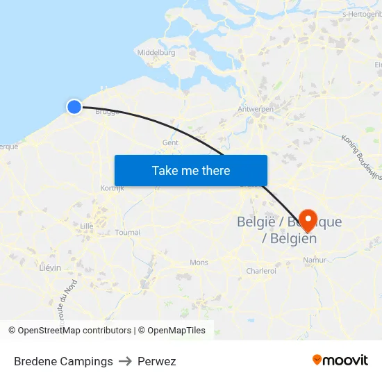 Bredene Campgrounds to Perwez map