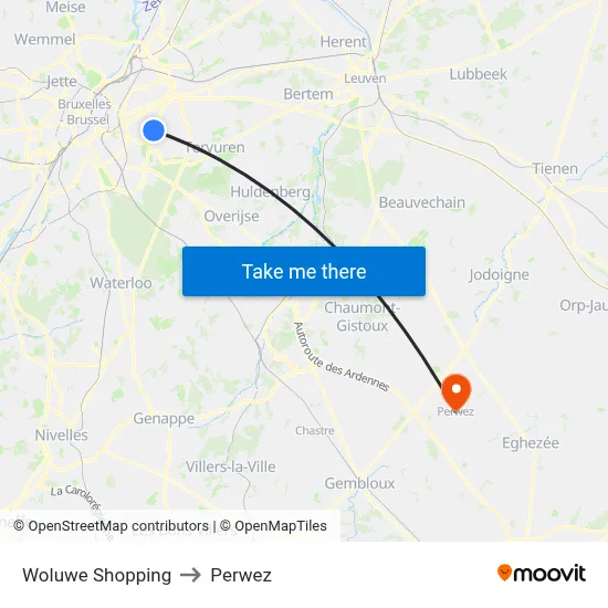 Woluwe Shopping to Perwez map