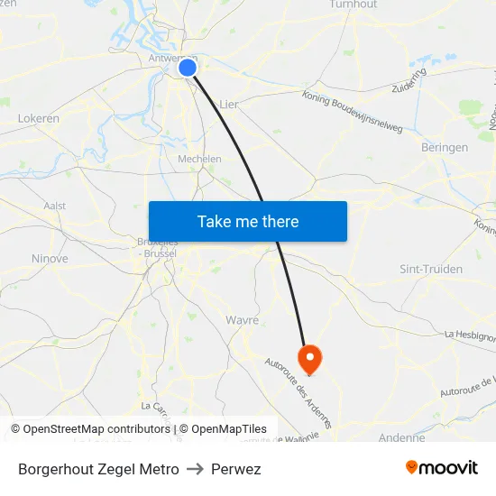 Borgerhout Zegel Metro to Perwez map