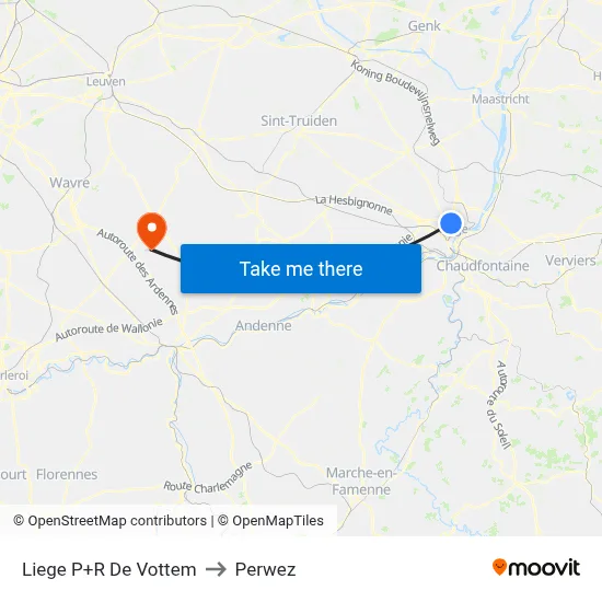 Liege Vottem Park & Ride to Perwez map