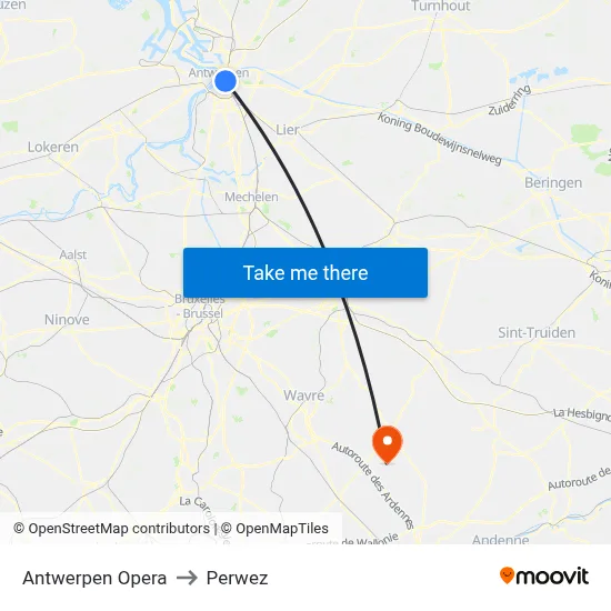 Antwerp Opera to Perwez map