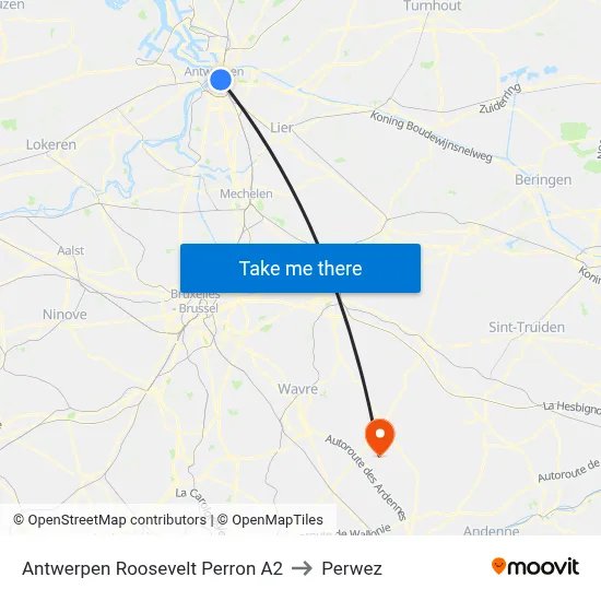 Antwerp Roosevelt Platform A2 to Perwez map