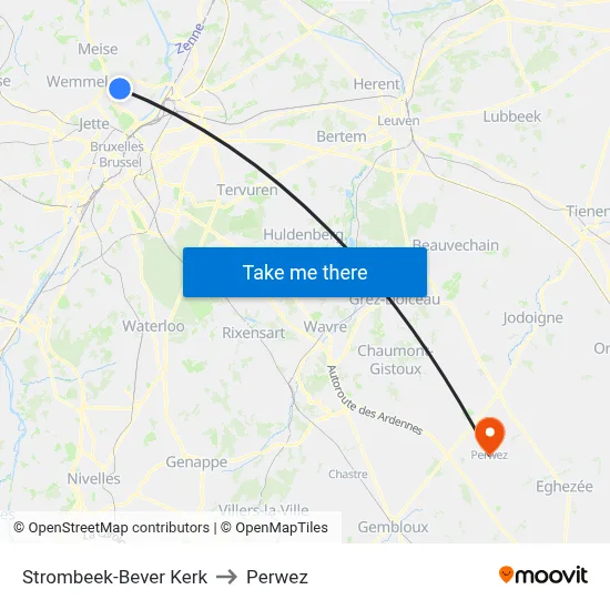 Strombeek-Bever Church to Perwez map