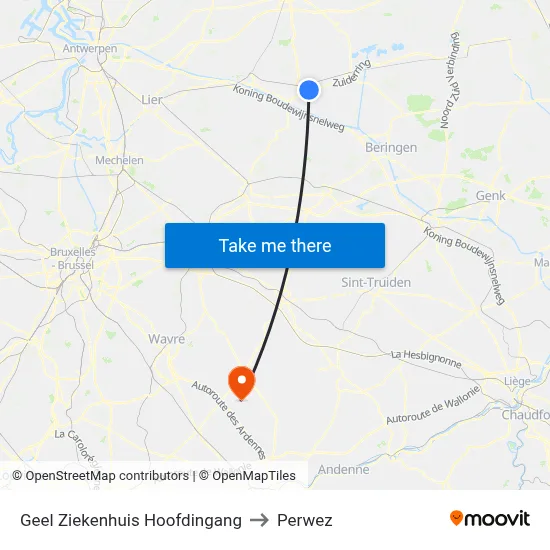 Geel Ziekenhuis Hoofdingang to Perwez map