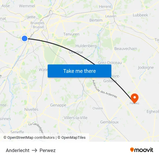 Anderlecht to Perwez map