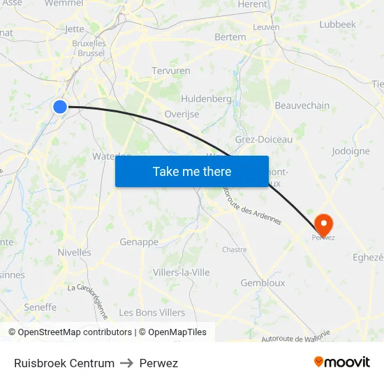 Ruisbroek Center to Perwez map