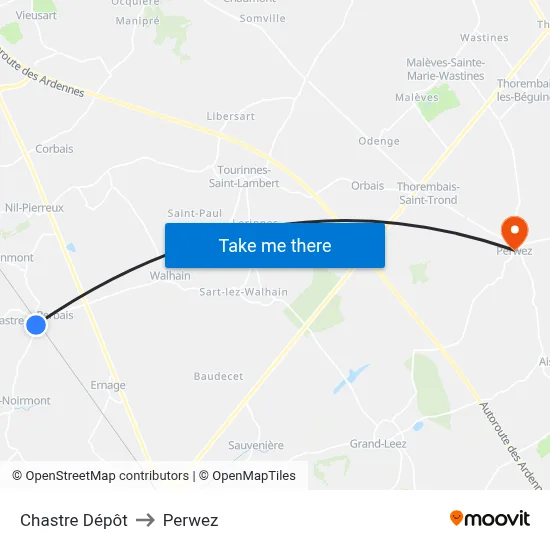 Chastre Depot to Perwez map