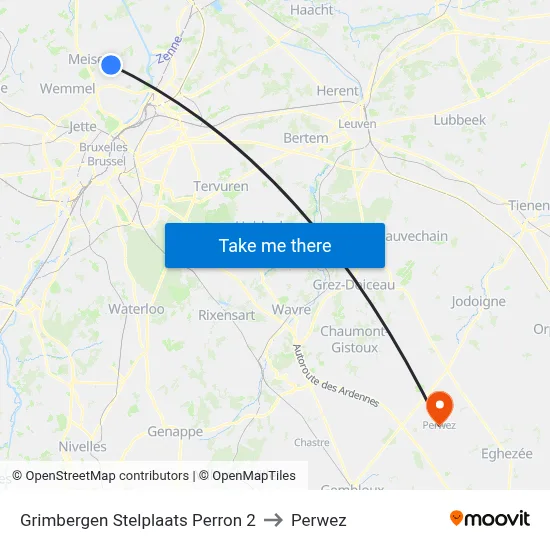 Grimbergen Stelplaats Perron 2 to Perwez map