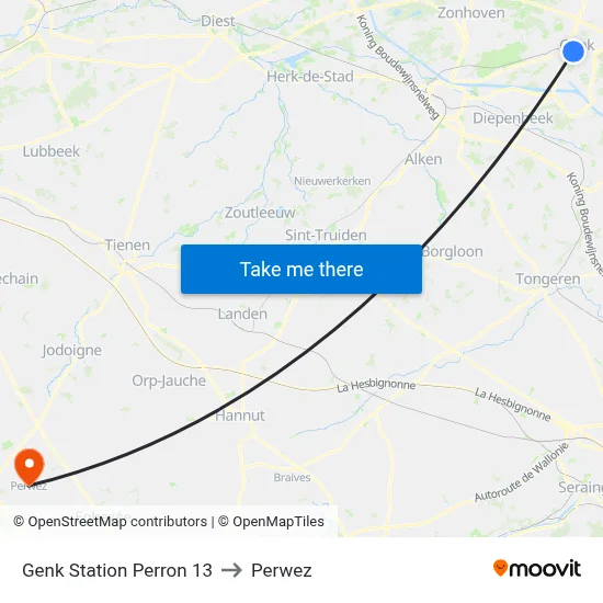 Genk Station Perron 13 to Perwez map
