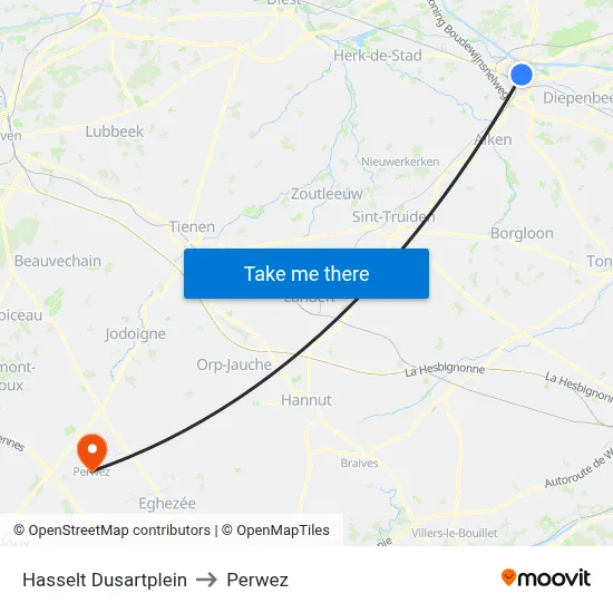 Hasselt Dusart Square to Perwez map