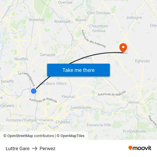 Luttre Gare to Perwez map