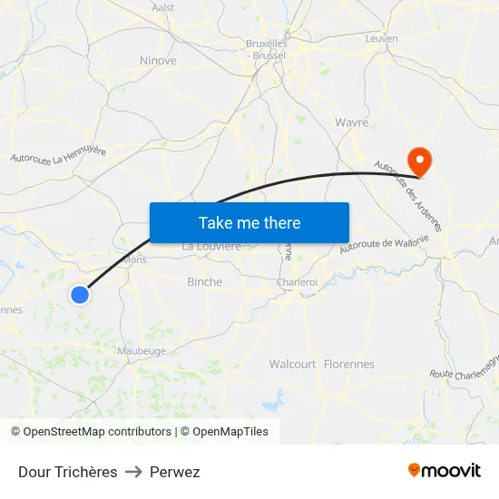 Dour Trichères to Perwez map