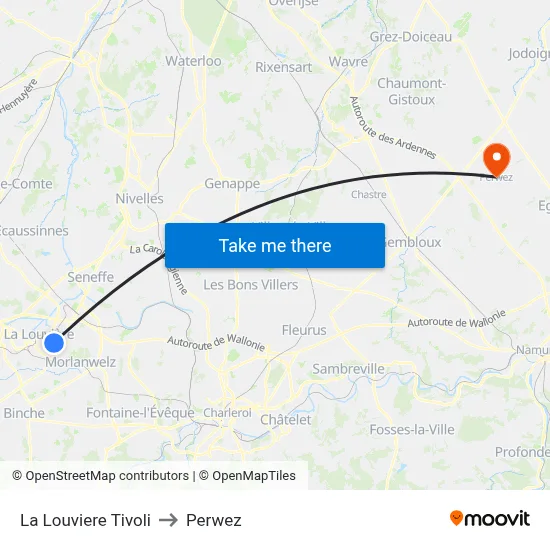 La Louviere Tivoli to Perwez map