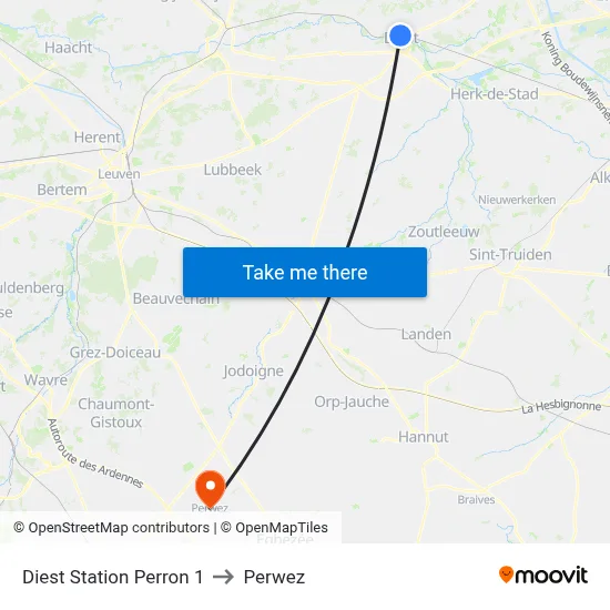 Diest Station Platform 1 to Perwez map