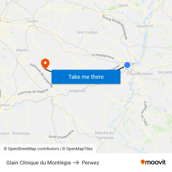 Glain Montlégia Clinic to Perwez map