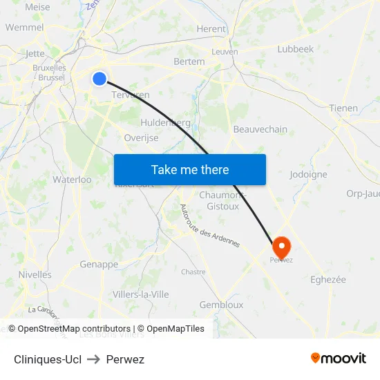 UCL Clinics to Perwez map