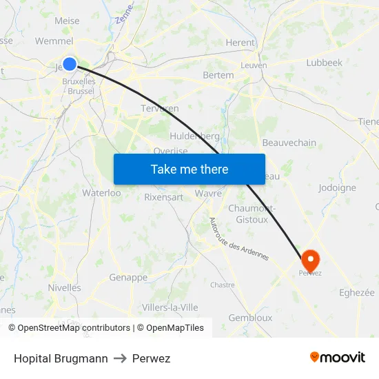 Brugmann Hospital to Perwez map