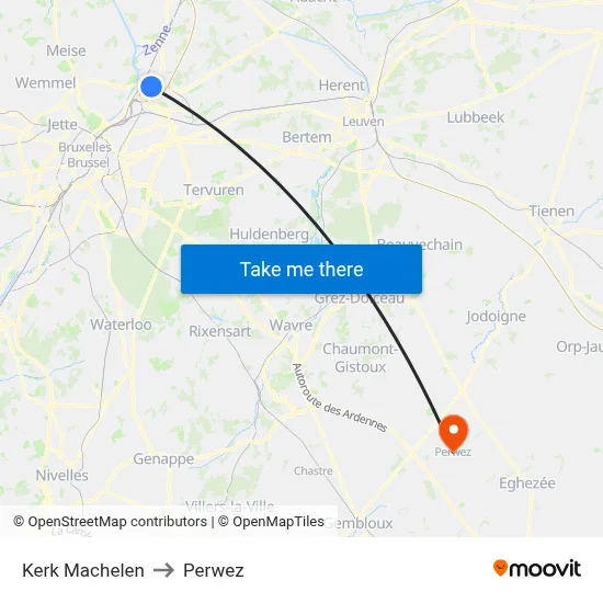 Kerk Machelen to Perwez map