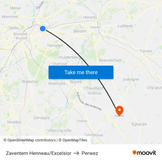 Zaventem Henneau/Excelsior to Perwez map