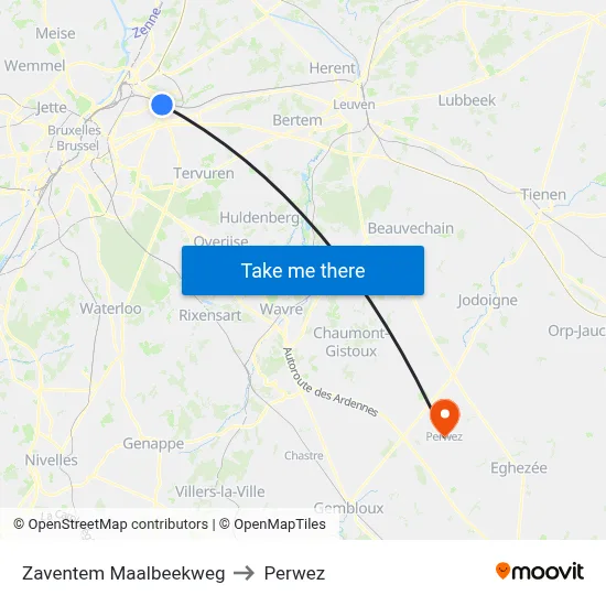 Zaventem Maalbeek Road to Perwez map