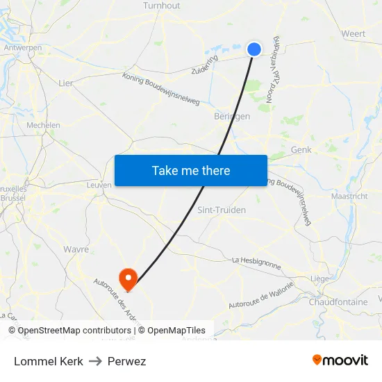 Lommel Church to Perwez map