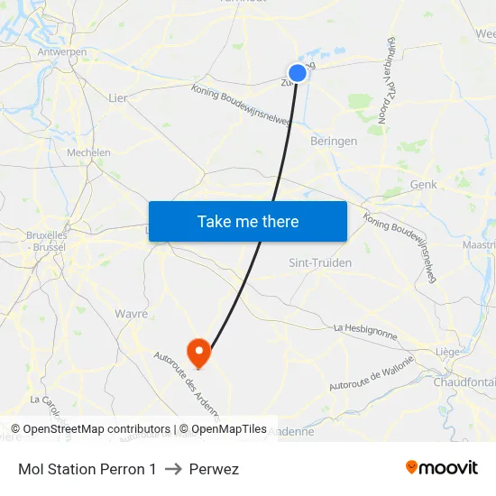 Mol Station Perron 1 to Perwez map