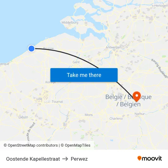Ostend Chapel Street to Perwez map
