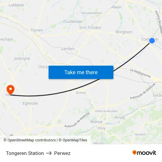 Tongeren Station to Perwez map