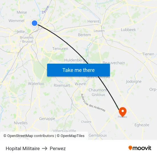Military Hospital to Perwez map