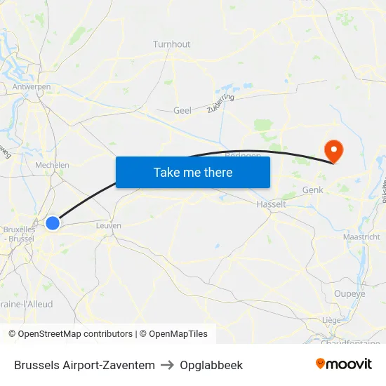 Brussels Airport-Zaventem to Opglabbeek map