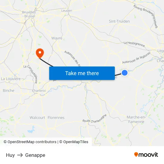 Huy to Genappe map