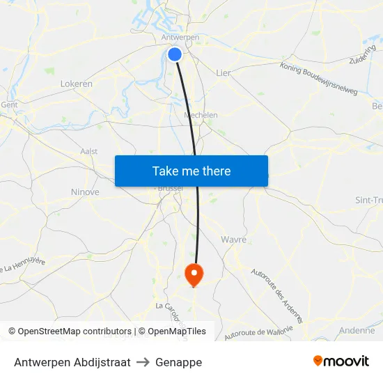 Antwerp Abbey Street to Genappe map