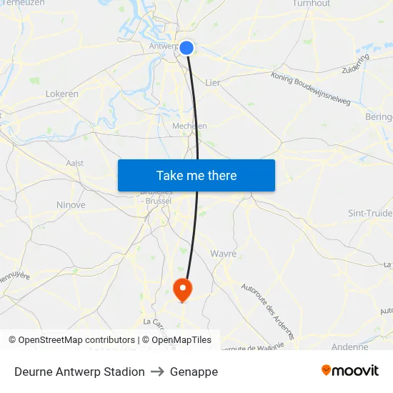 Deurne Antwerp Stadium to Genappe map