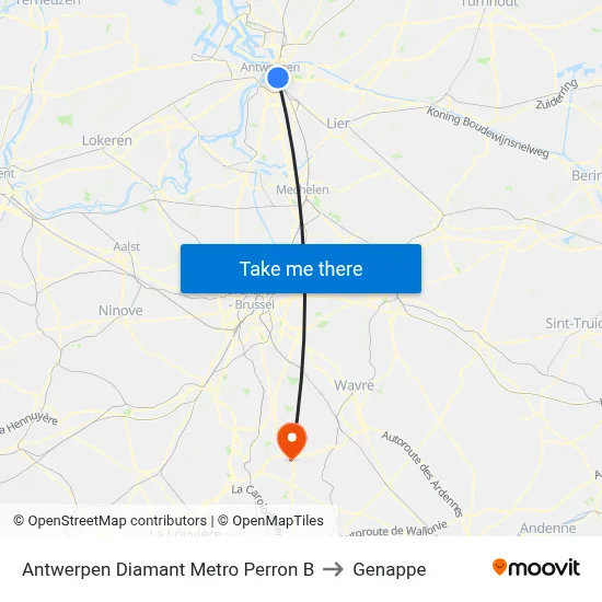 Antwerp Diamond Metro Platform B to Genappe map