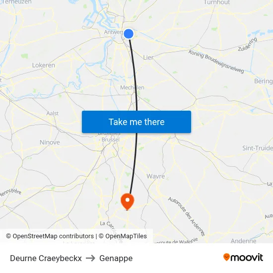 Deurne Craeybeckx to Genappe map