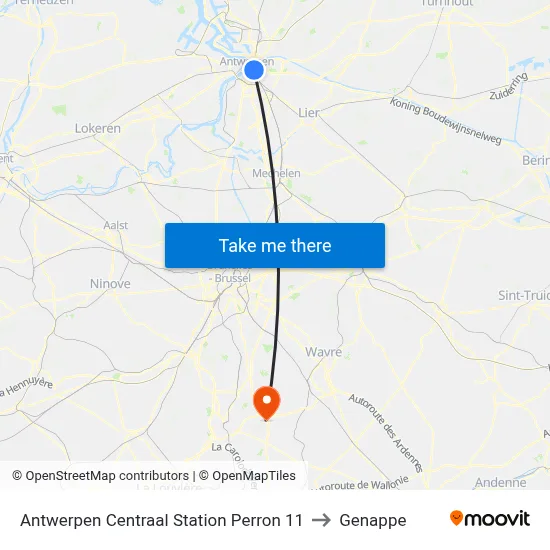 Antwerp Central Station Platform 11 to Genappe map