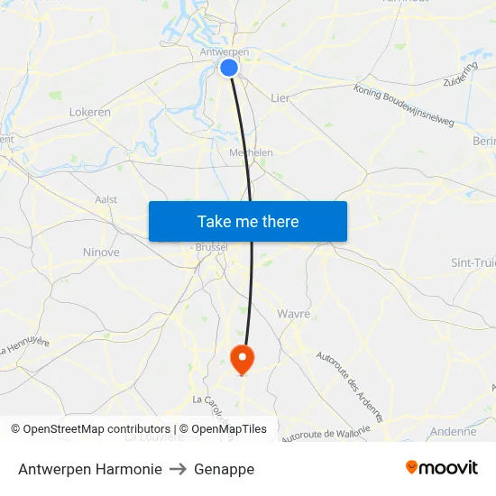 Antwerpen Harmonie to Genappe map