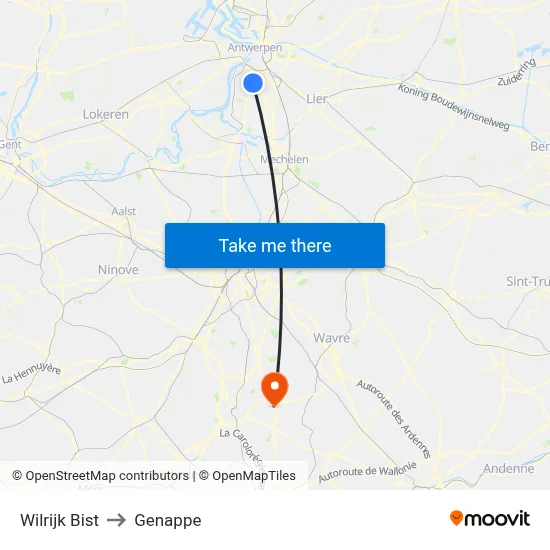 Wilrijk Bist to Genappe map