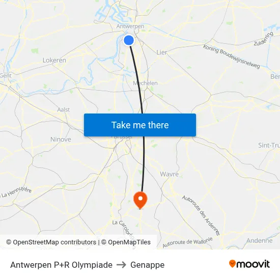 Antwerp P+R Olympiad to Genappe map
