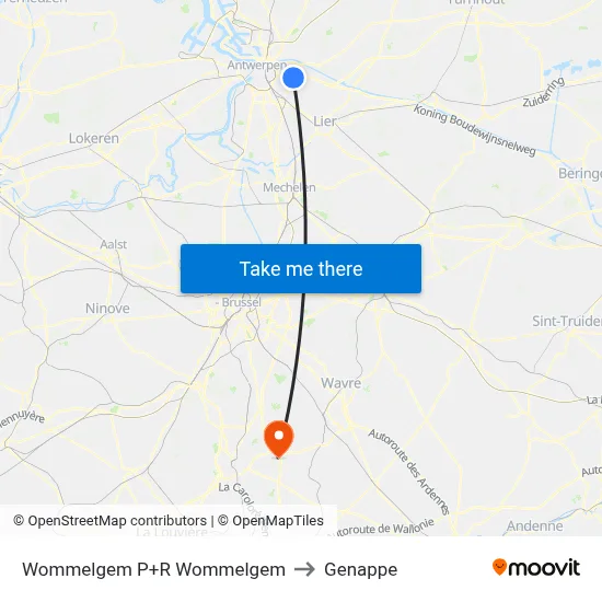 Wommelgem P+R Wommelgem to Genappe map