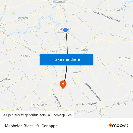 Mechelen Biest to Genappe map