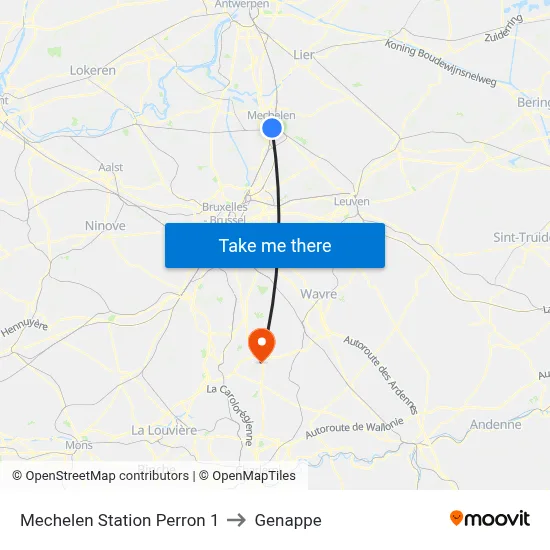 Mechelen Station Platform 1 to Genappe map