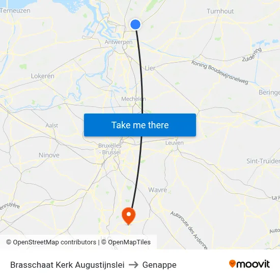 Brasschaat Church Augustijnslei to Genappe map