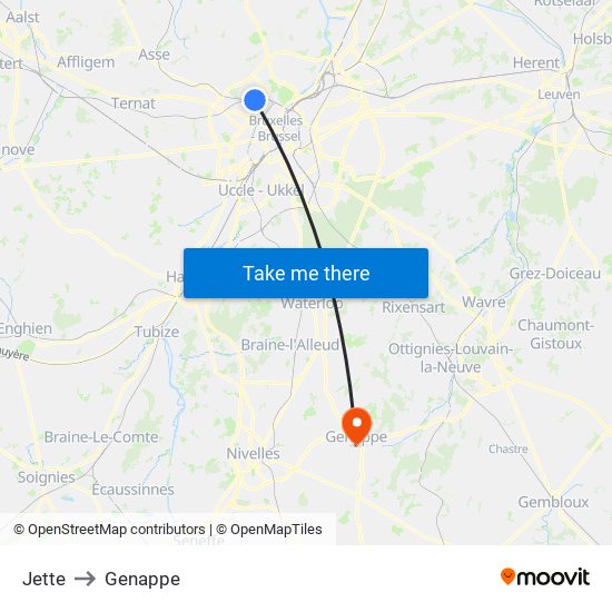 Jette to Genappe map