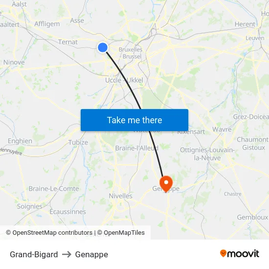 Grand-Bigard to Genappe map
