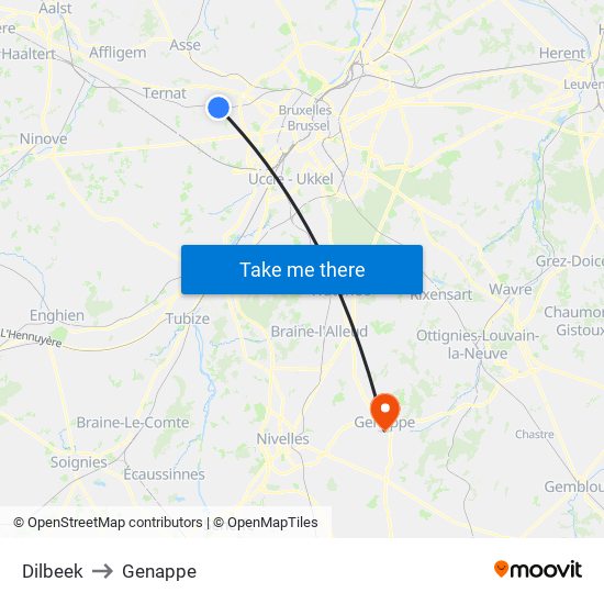 Dilbeek to Genappe map