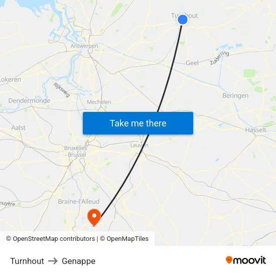 Turnhout to Genappe map