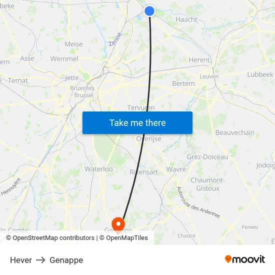 Hever to Genappe map