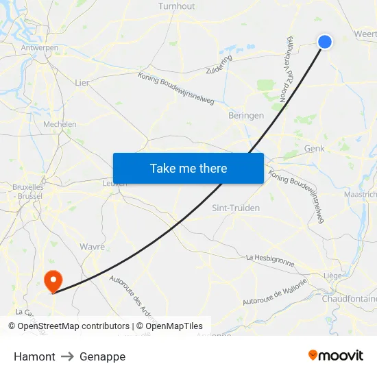 Hamont to Genappe map