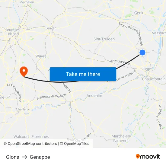 Glons to Genappe map